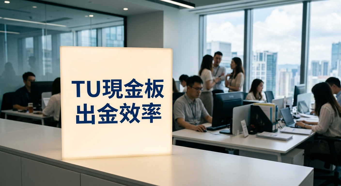 這張圖片展示了一個現代化的辦公室環境，背景中許多工作人員正專注於電腦前的業務操作。 畫面前方立著一塊明亮的標示牌，上面清晰地印著「TU現金板出金效率」的藍色繁體中文字樣。