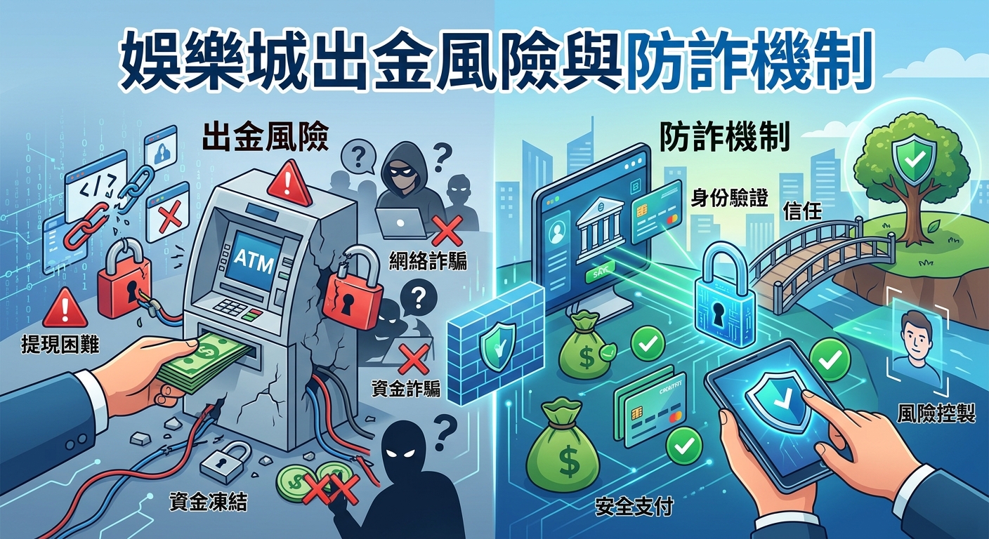 這張圖片採用分屏設計，左側以紅色警告標誌、破損的ATM與解鎖鏈條象徵娛樂城出金困難與詐騙風險。 右側則以綠色盾牌、安全支付網絡與生物辨識技術，展現保障資金安全的防詐與風控機制。