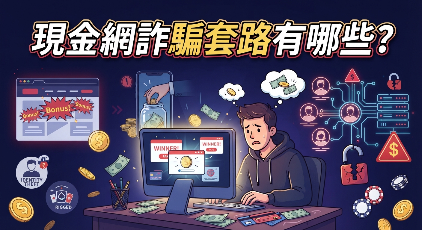 圖片展示了一名男子在使用電腦時面臨網路詐騙的威脅。 畫面頂部醒目地標示著「現金網詐騙套路有哪些？」的標題。