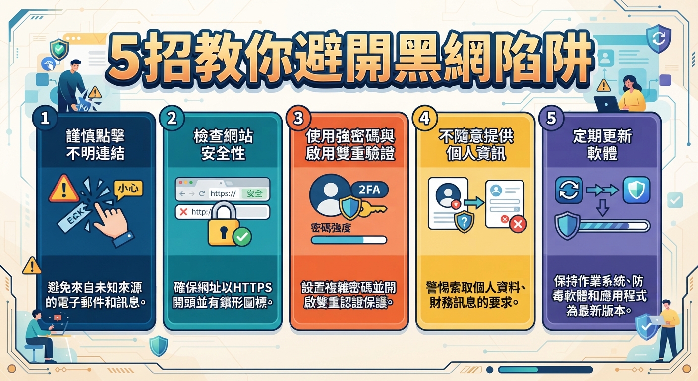 這是一張關於網絡安全的資訊圖表，標題為「5招教你避開黑網陷阱」。 圖中透過五個步驟和圖示，向讀者解說如何防範惡意網站與網絡詐騙。